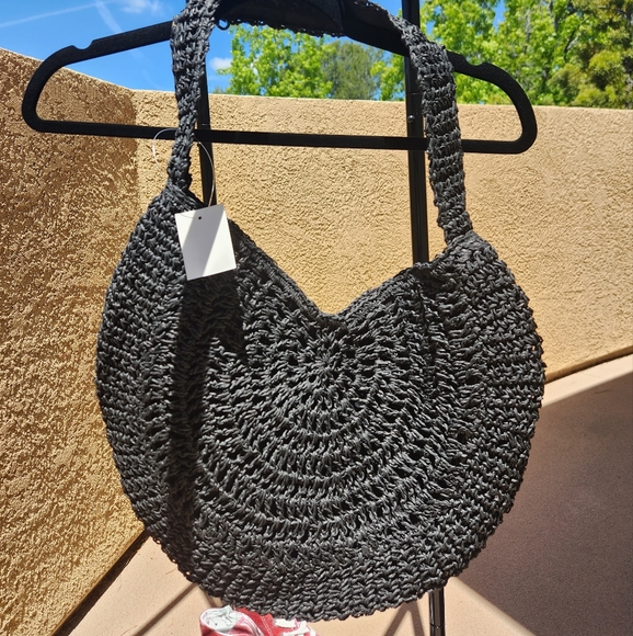 Boutique Bags Boutique Black Round Straw Bag With Fabric Lining Nwt Poshmark
